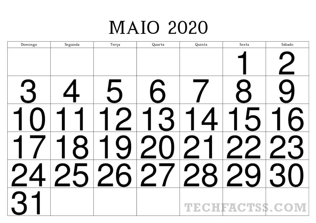 Calendário Maio 2020 Para Imprimir