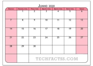 Calendário junho de 2021 para impressão de notas